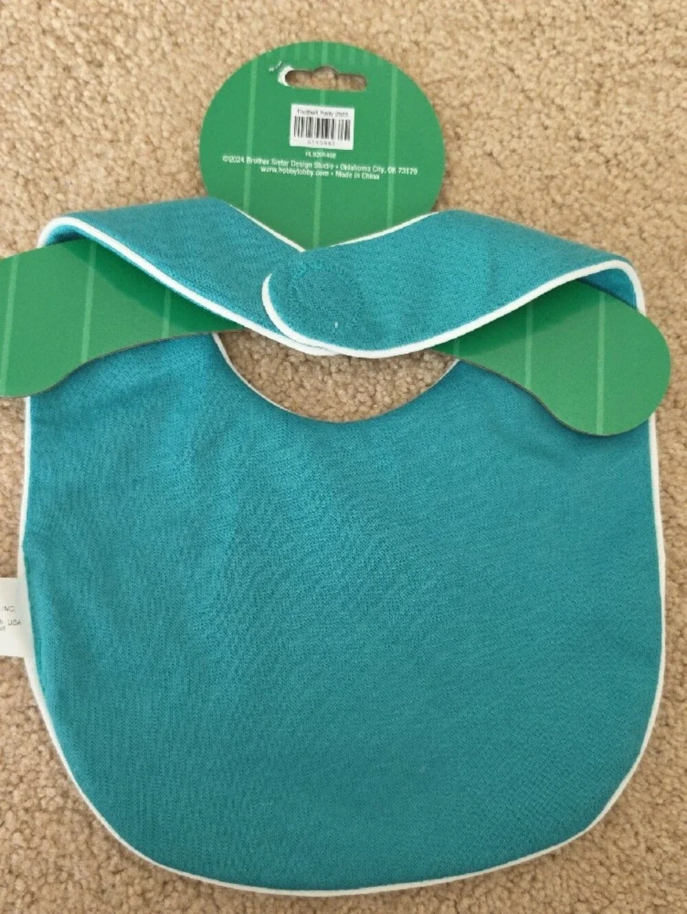 Hobby Lobby Teal Baby Bib with Brown Football Applique